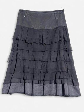 Black silk and cotton long tiered with semi sheer chiffon ruffles skirt